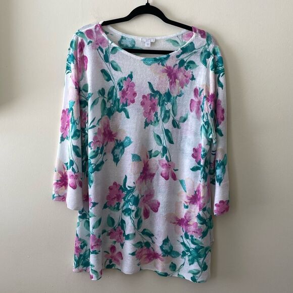 J Jill Floral Linen Blend Sweater Pink Green Size Large 3/4 Sleeve Flowy - Picture 4 of 8